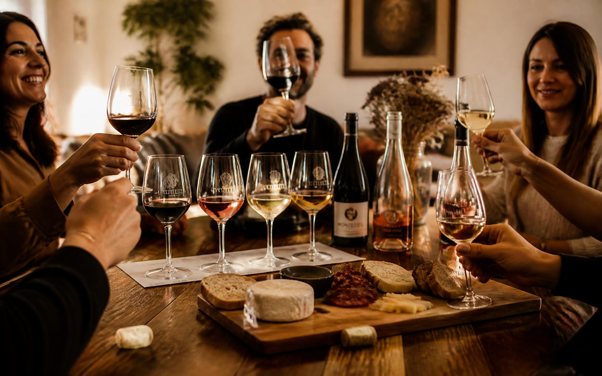Dégustation de vins conviviale autour d'une table à domicile