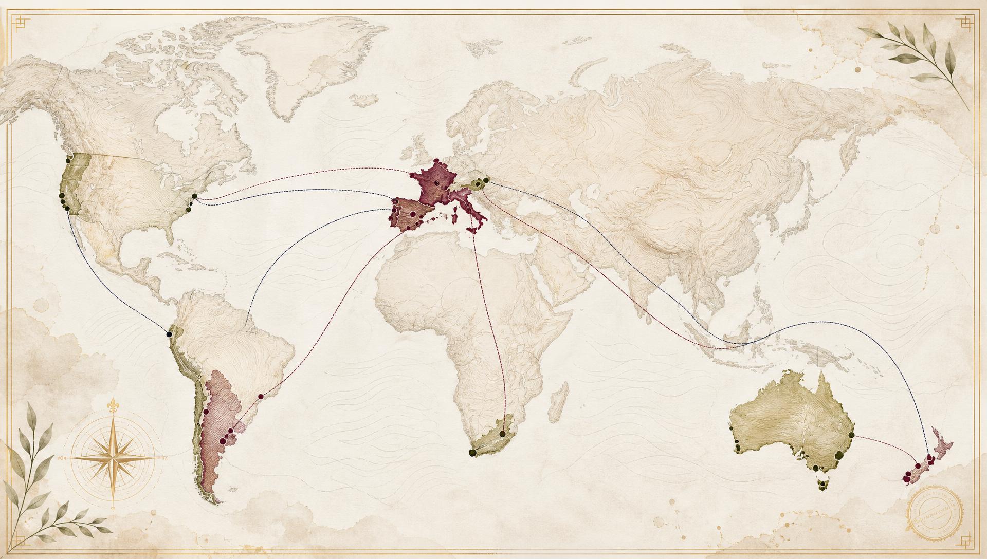 Carte du monde élégante inspirée d'un carnet de voyage, avec de fines lignes de trajet reliant les grandes régions viticoles